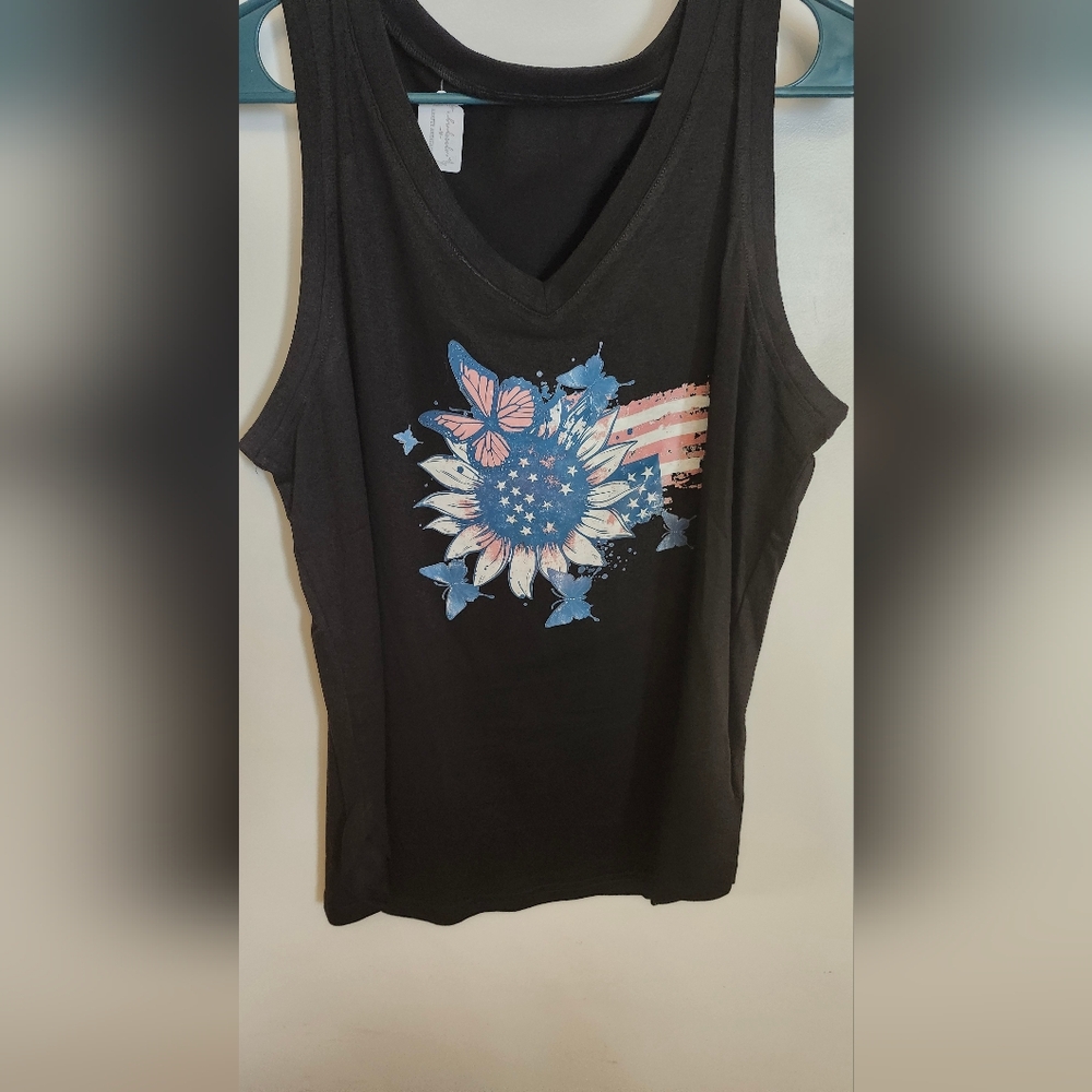 Hand Crafted Black Tank Top with Patriotic Graphic